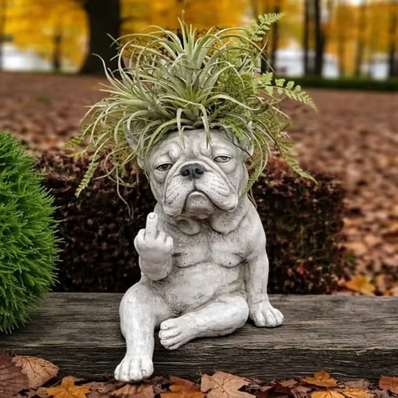 Pot de fleurs amusant en forme de chien, pot de fleurs en résine bouledogue français pour décoration