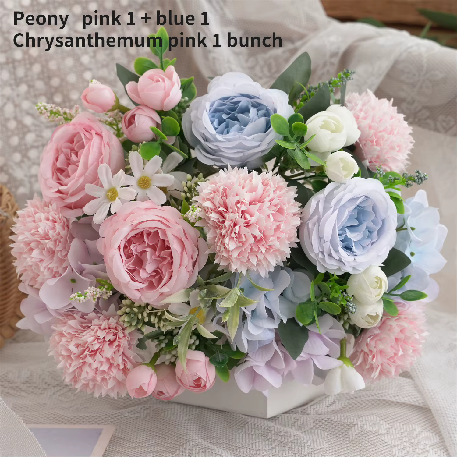 Bouquet d'hortensia et de chrysanthème de pivoine artificielle de 3 bouquets, fausses fleurs au touc