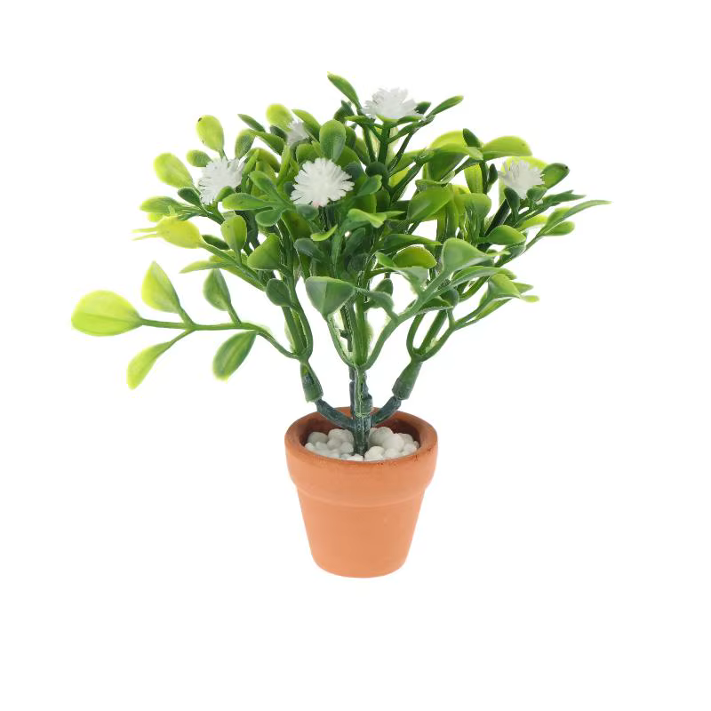 Miniature de fleur blanche et de plante verte en pot, Bonsaï, Ornement artisanal DIY pour maison de