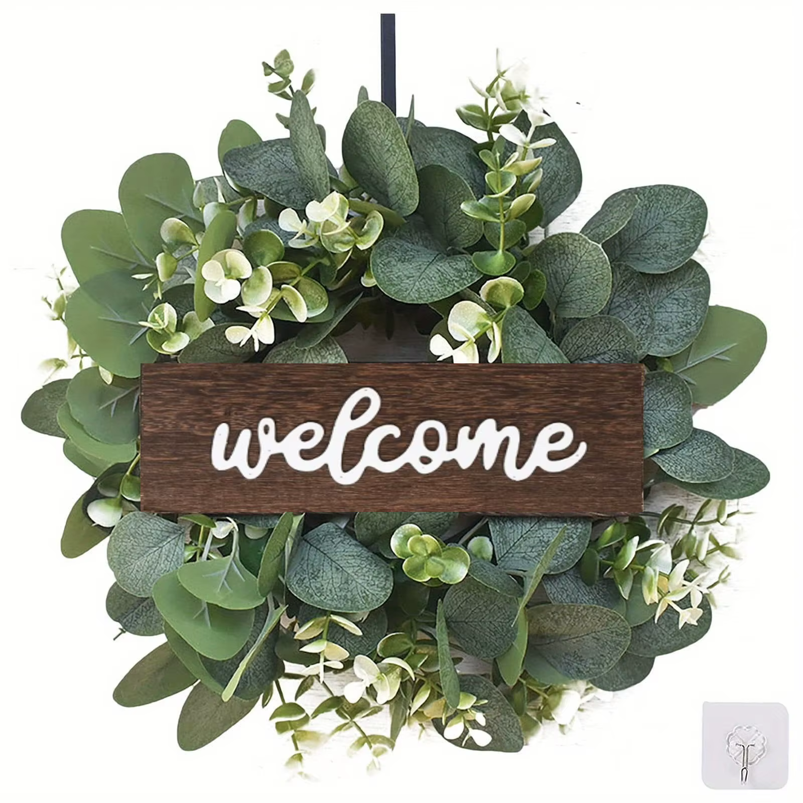 Couronne d'eucalyptus vert avec signe de bienvenue, couronne d'eucalyptus artificielle, couronne de 