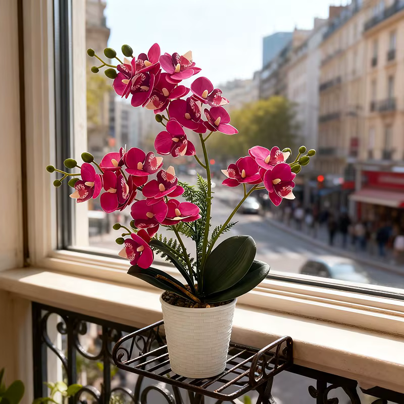 Plantes en pot artificielles en forme d'orchidée papillon 21, avec pot en pierre tressé en vannerie,
