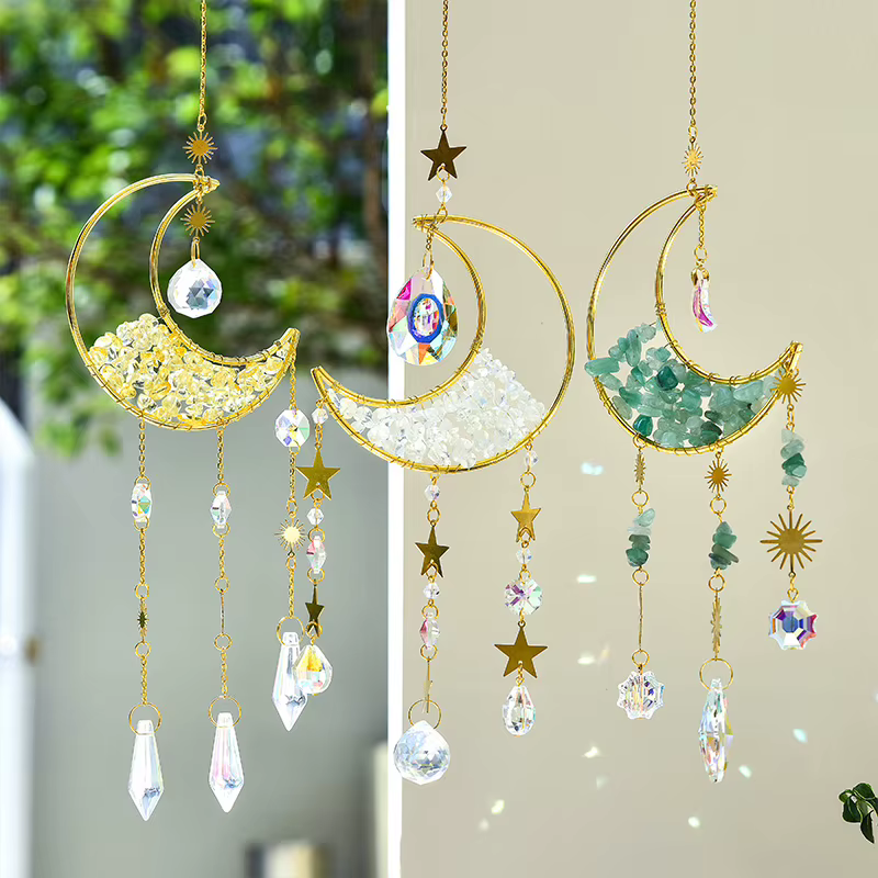 Attrape-soleil en forme de lune, carillon éolien en cristal, pendentif suspendu en métal, diamant ar