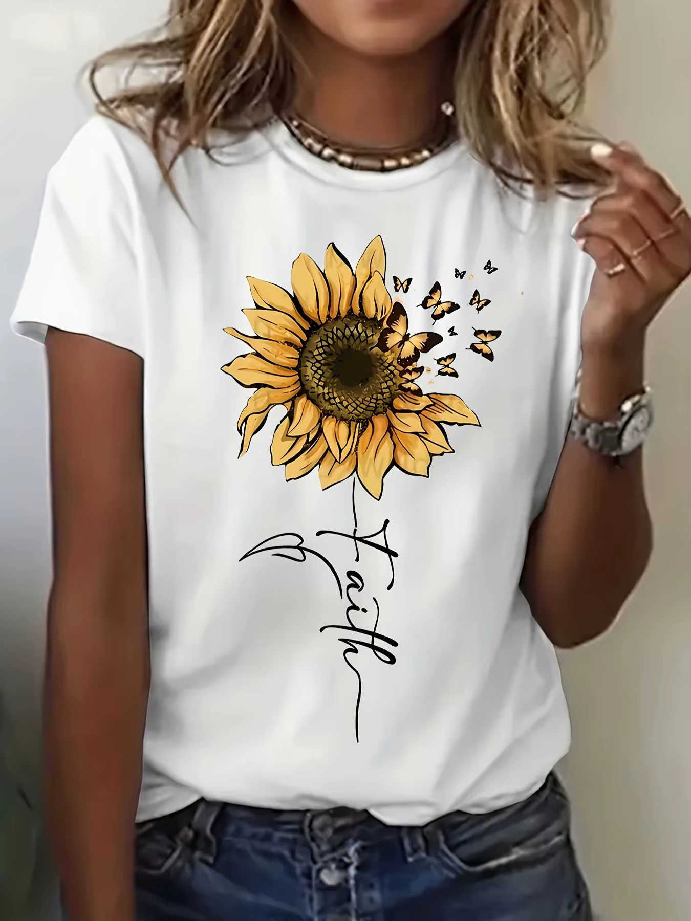 T-shirt graphique tournesol et papillon pour femme – Haut décontracté à manches courtes, parfait pou