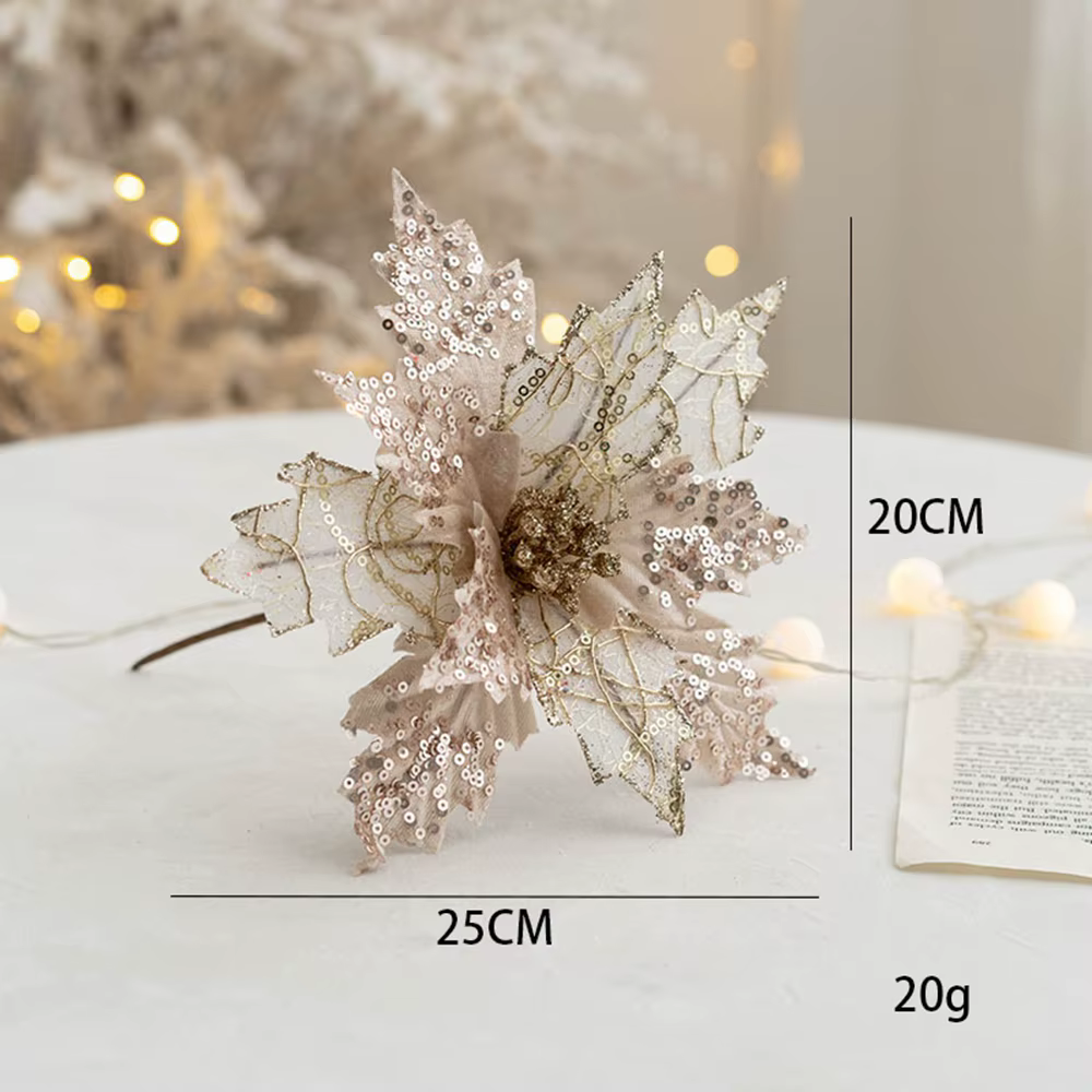 Fleur de noël artificielle de haute qualité, tissu en velours de 25cm avec poudre scintillante, faus
