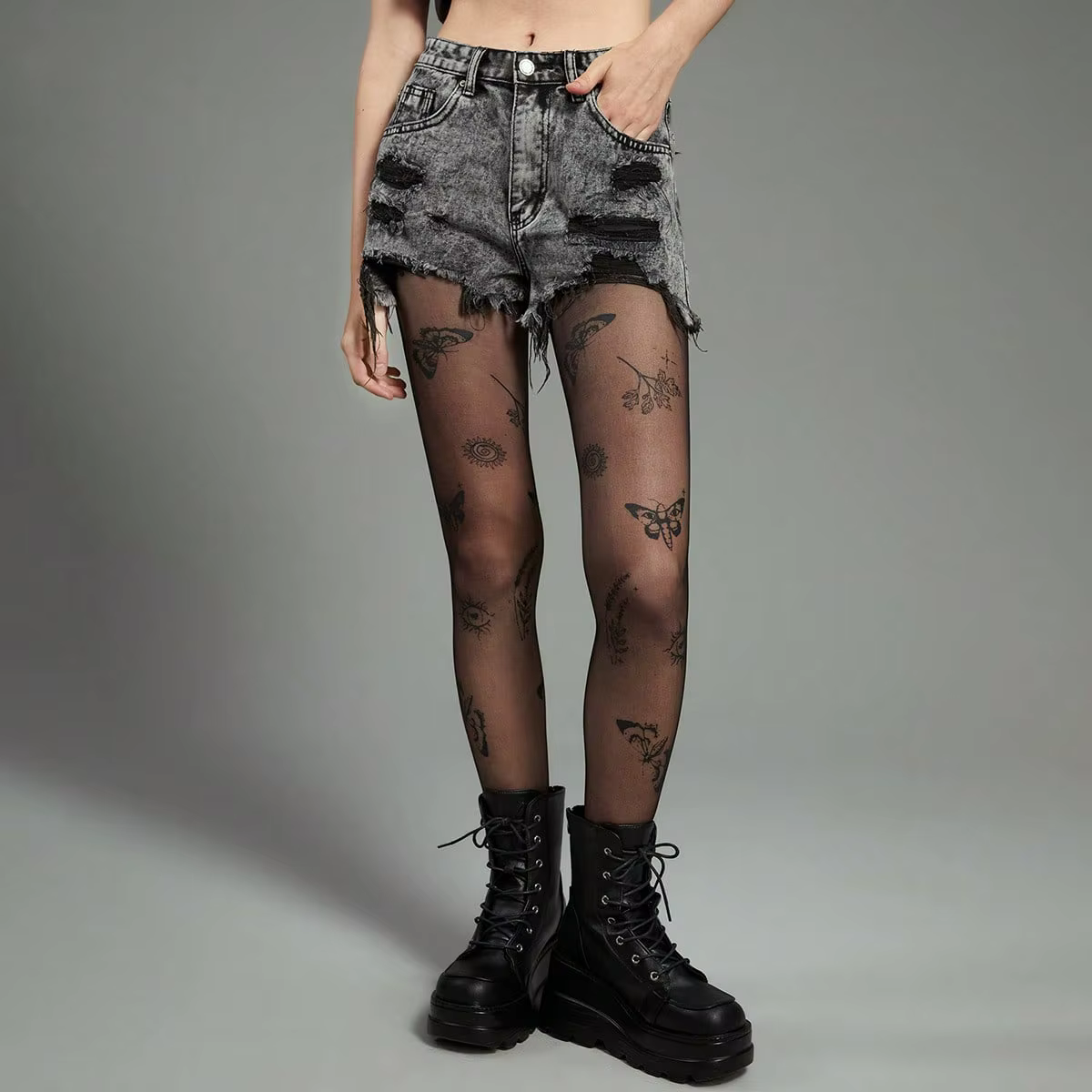 Collants transparents pour femmes à imprimé papillon, motif floral gothique vintage, collants en rés