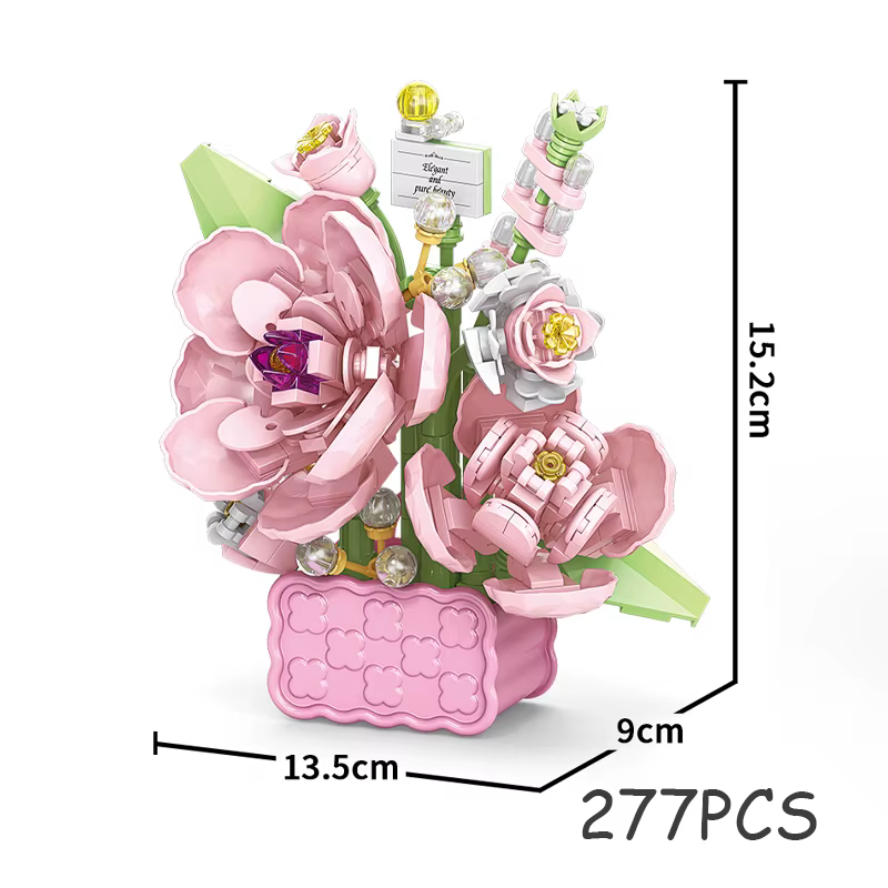 Panier de fleurs éternelles roses, plantes en pot, Mini bloc de construction de particules, ornement