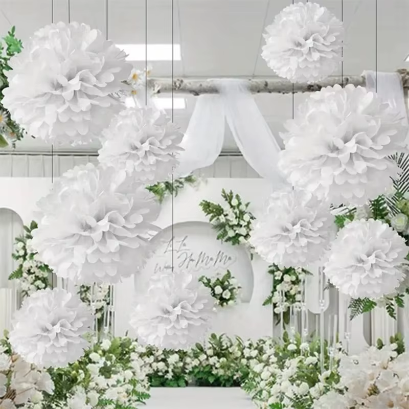 Boules de fleurs en papier blanc, décorations pour fête d'anniversaire et de mariage, 9 pièces
