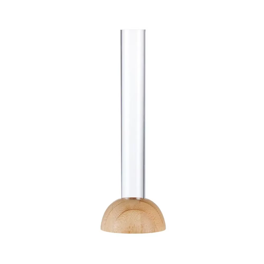 Vase à tubes à essai en plastique avec base en bambou, Vase hydroponique transparent peu encombrant 