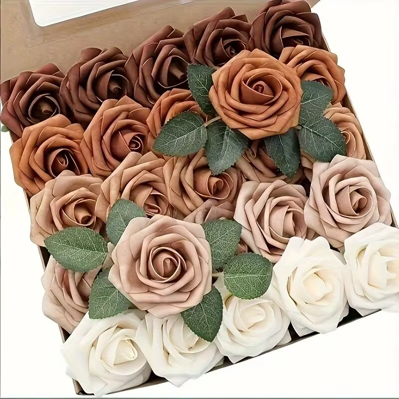 Fleurs Artificielles en Mousse avec Tiges pour Bouquets de Mariage, 25 Pièces, Orange Brûlé, Ombre,
