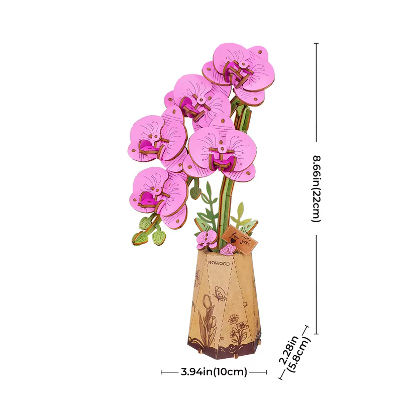 Fleurs en bois à faire soi-même Rolife : Orchidée violette, Tulipe rose, Camomille – Cadeau artisana