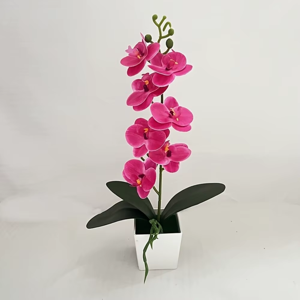 7 Fleurs d'orchidées artificielles en pot, fleurs roses multi-bouquet, plantes artificielles, pot bl