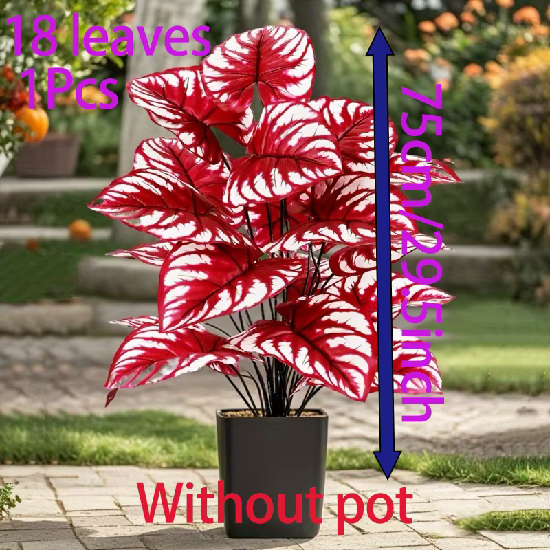 1 pièce de plante artificielle à feuilles rouges et rayures blanches pour extérieur et intérieur, sa