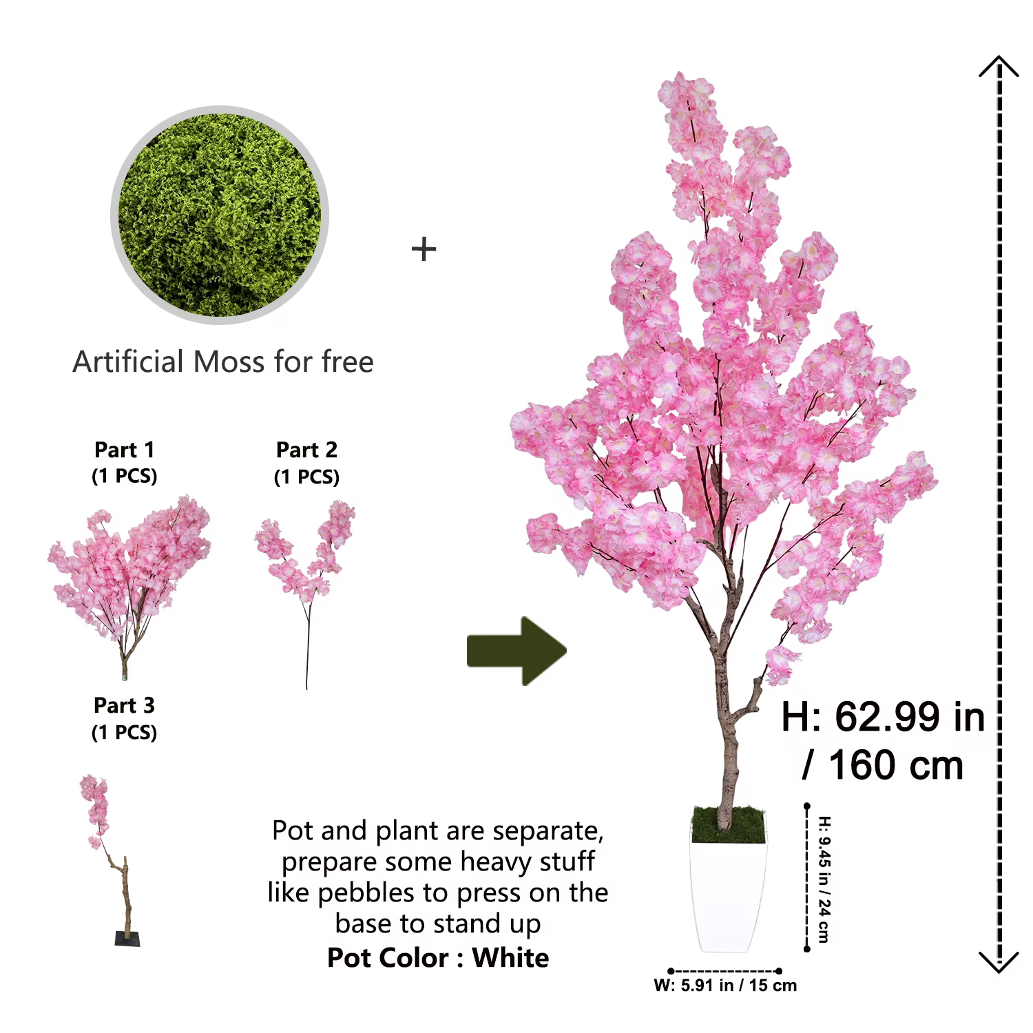 Arbre artificiel à fleurs de cerisier de 160-210 cm/6,9 pieds, plante d'intérieur et d'extérieur, or