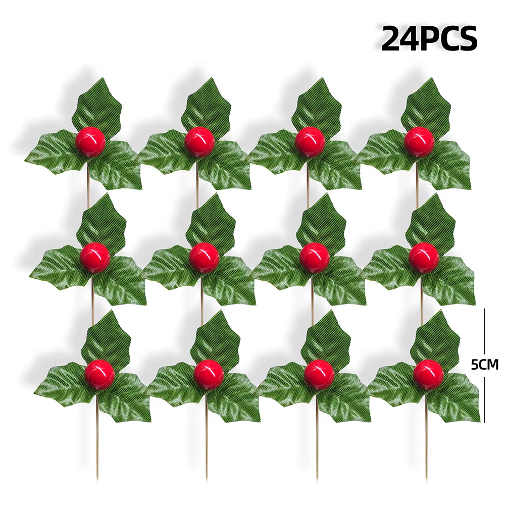 24 pièces feuille de houx artificielle baies cerise rouge petits fruits fleur de soie bricolage Bouq