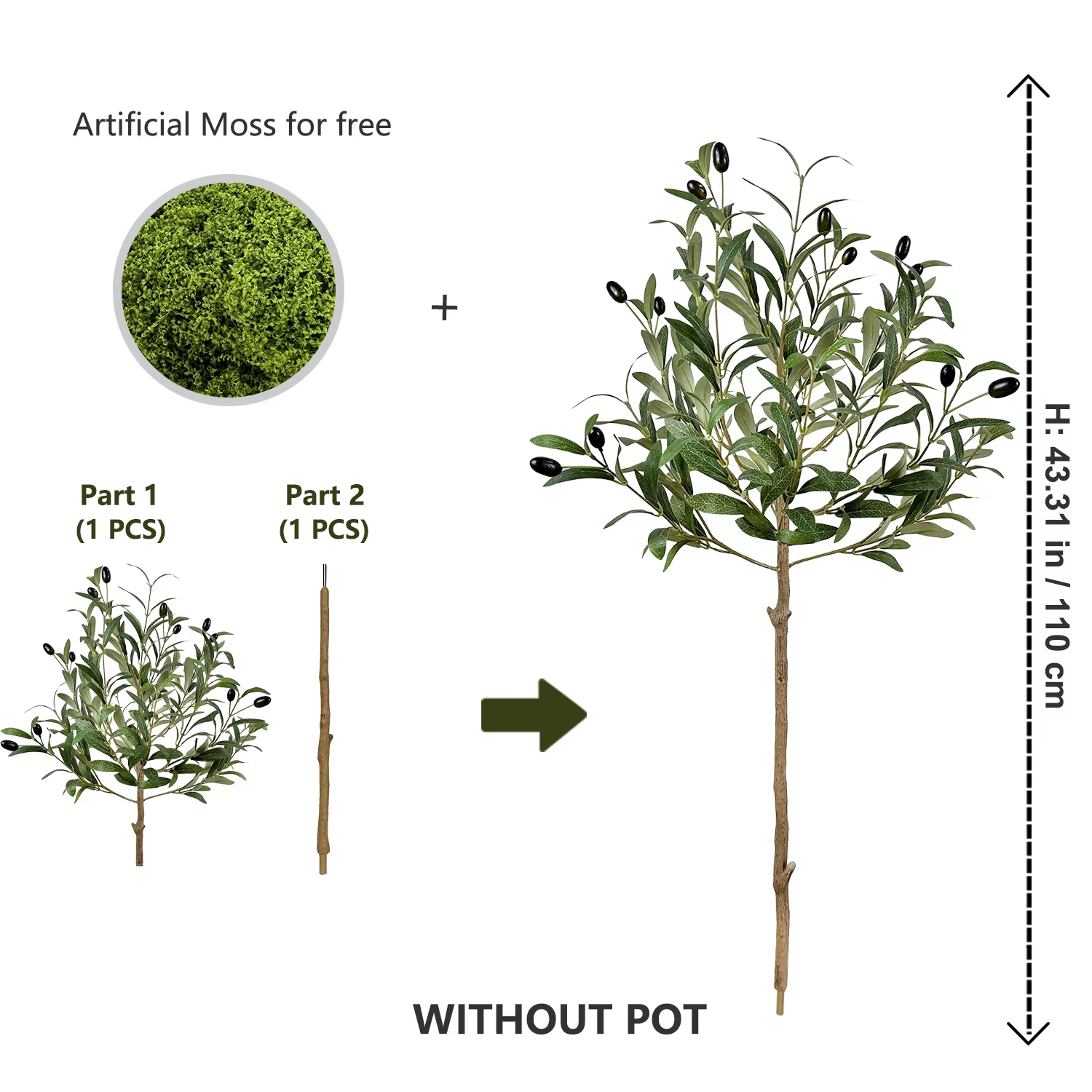 Grand arbre artificiel d'olivier de 110-200 cm, branches sans pot, plante artificielle décorative, p