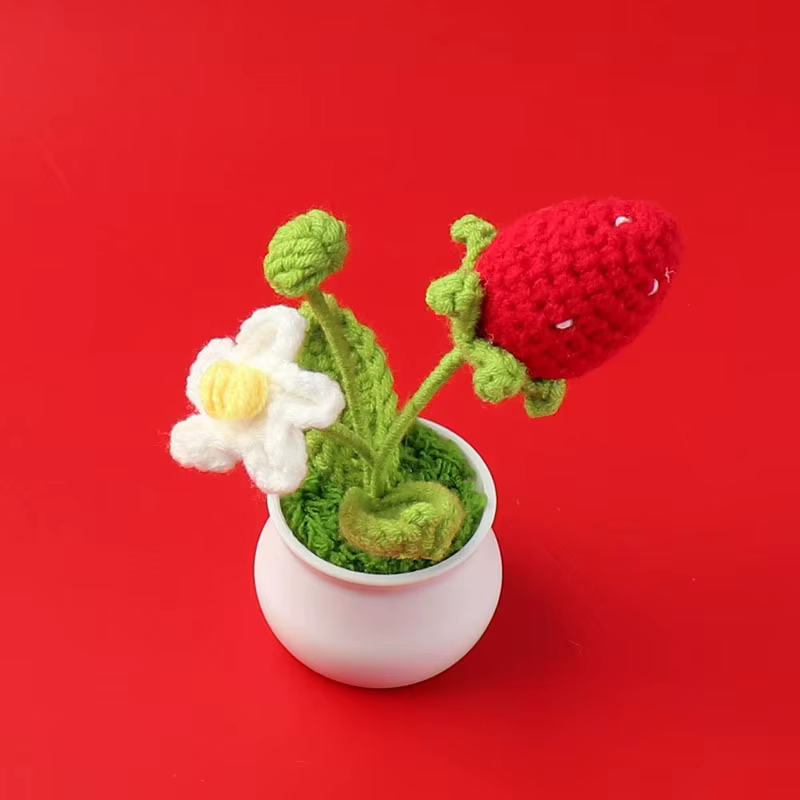Fleur tricotée en forme de fraise, mignonne, avec fausse plante en pot, pour décoration d'étagère de