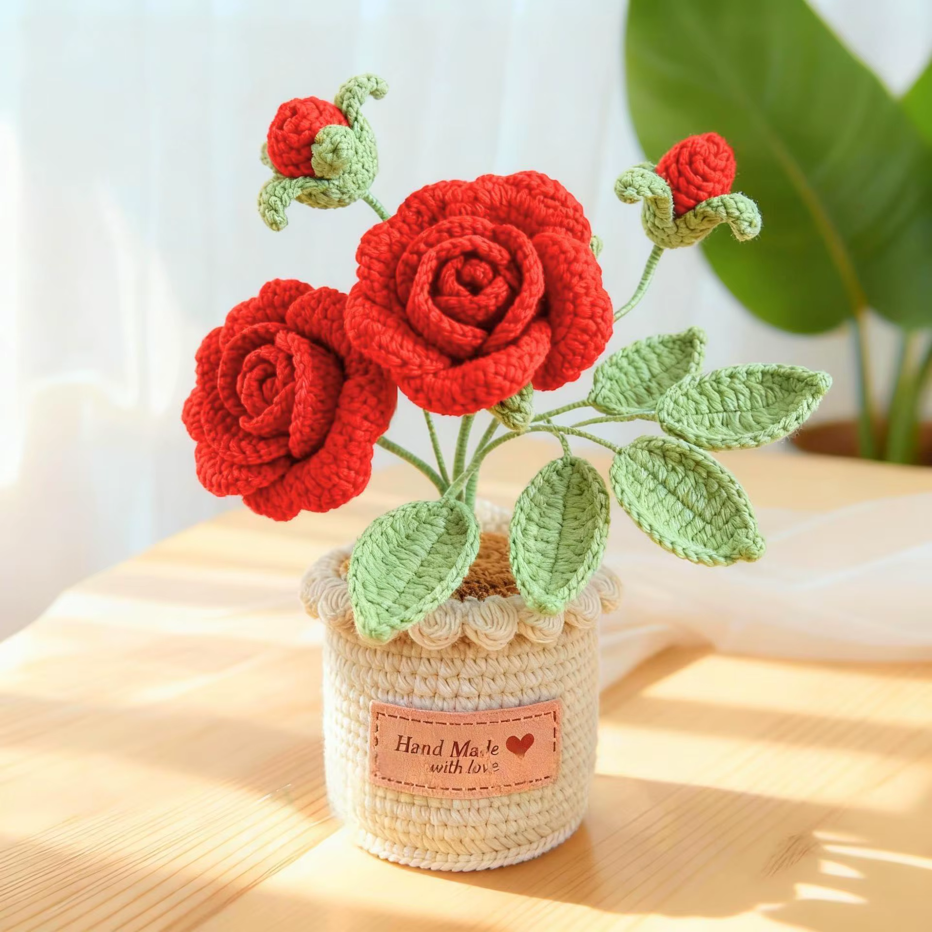 Plante en pot en laine, rose dégradée à double tête, crochetée à la main, pour la décoration intérie