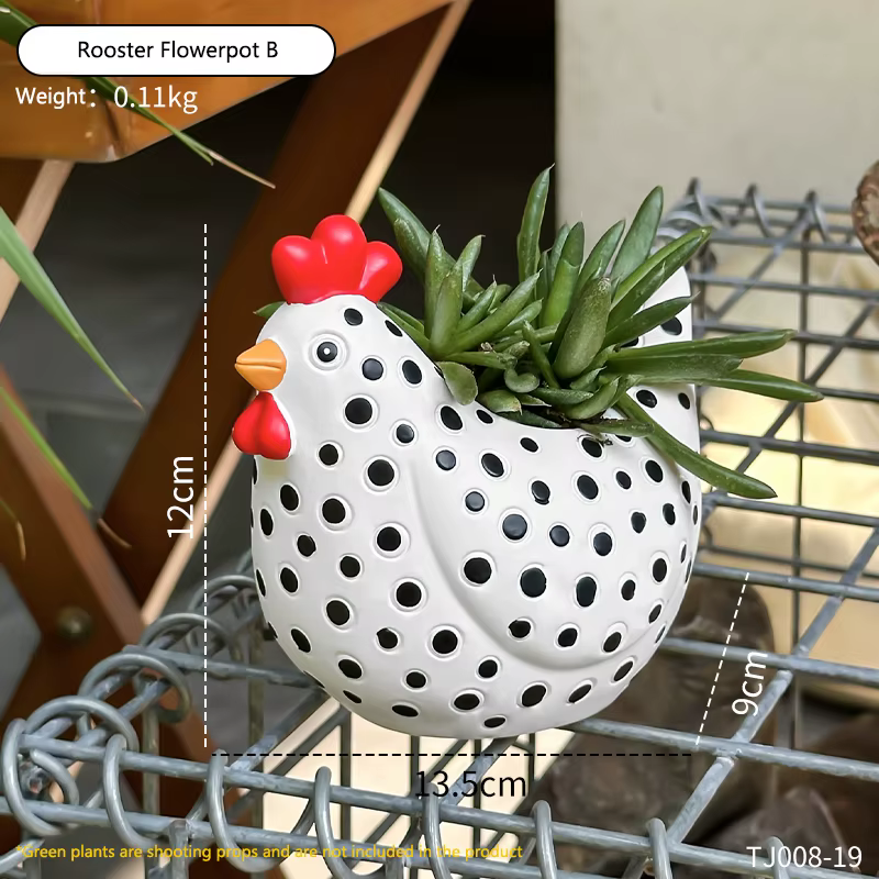 Pot de fleurs amusant en forme de poulet tacheté, modèle de coq mignon, pot de fleurs pour jardin, c