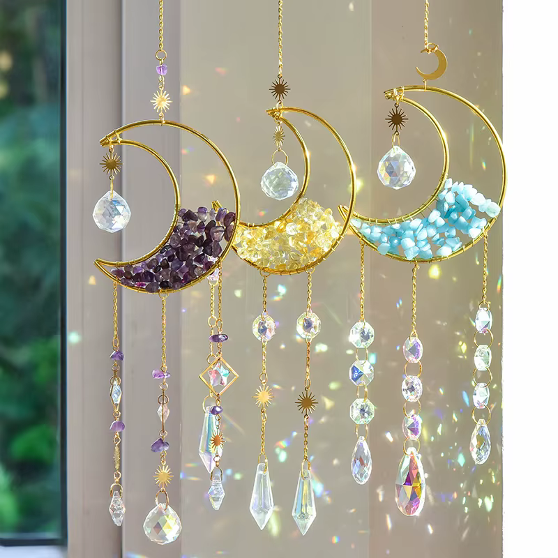 Attrape-soleil en forme de lune, carillon éolien en cristal, pendentif suspendu en métal, diamant ar