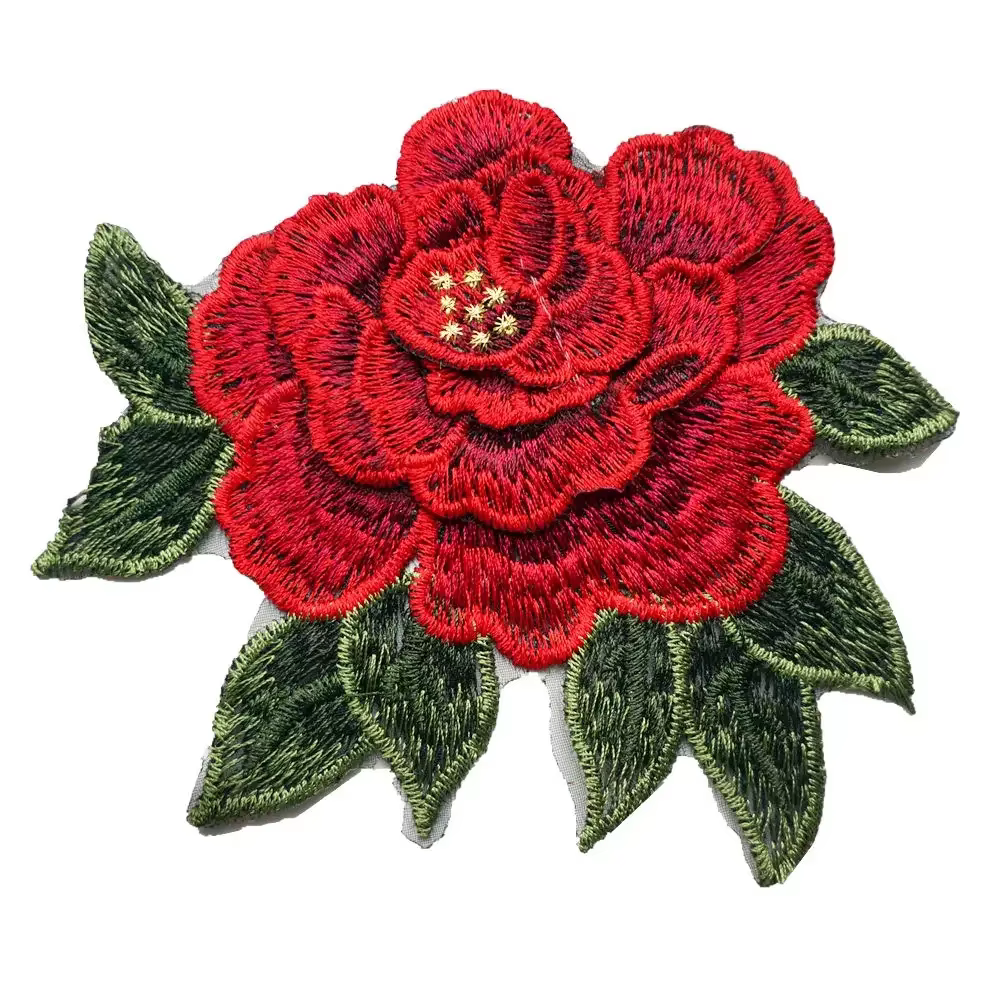 Appliques de tissu brodées de feuilles de rose rouge, fleurs 3D, garnitures en maille, coudre sur de