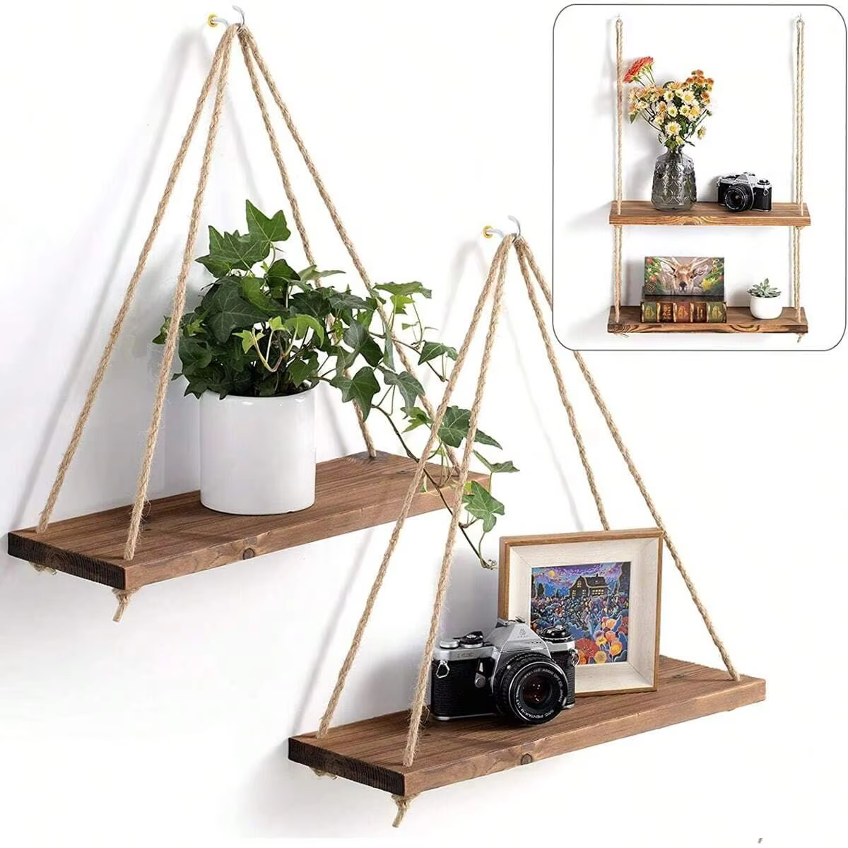 Étagère Murale Flottante en Corde de Chanvre, Balançoire en Bois, Décoration de Jardin, Maison, Salo
