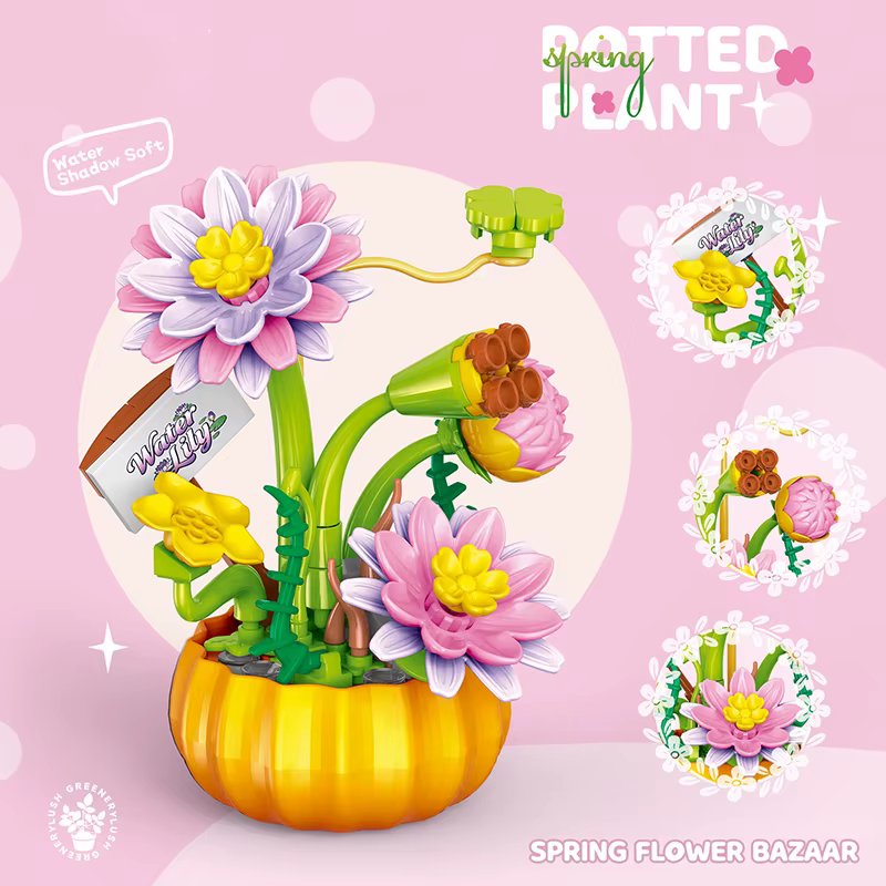 Petites plantes en pot style Ins, apaisantes et fraîches, blocs de construction, fleurs éternelles, 