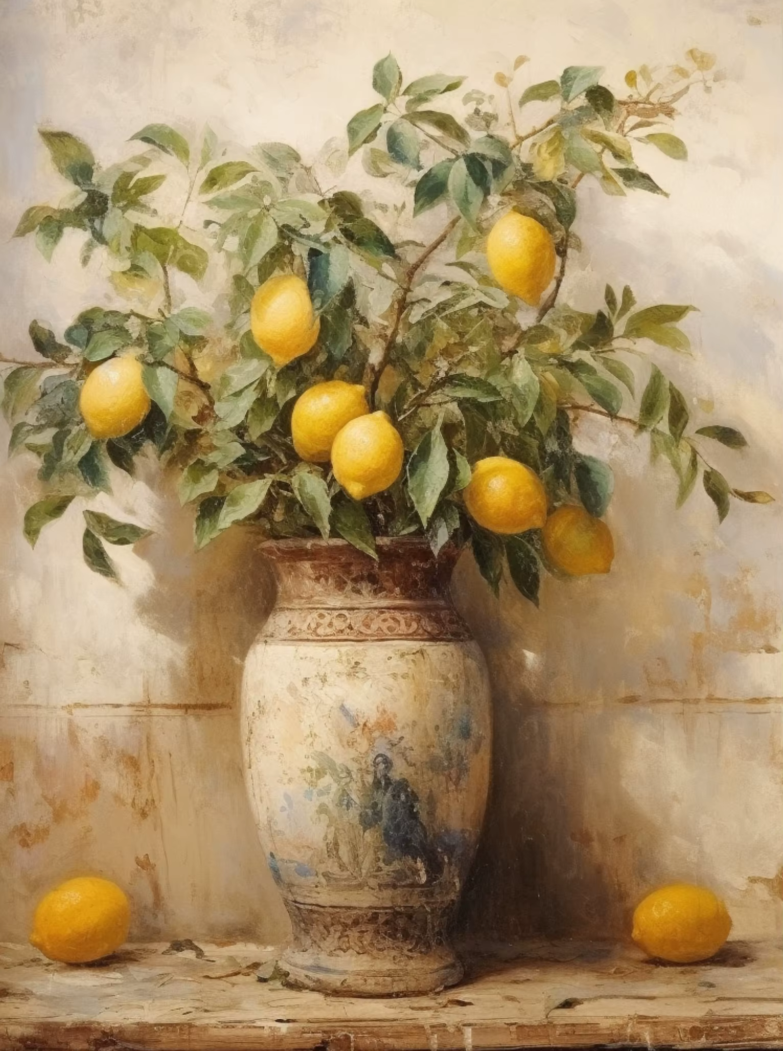 Toile d'arbre citron dans un Vase Antique, peinture d'olivier, fruits, pommes, affiche, Art de natur
