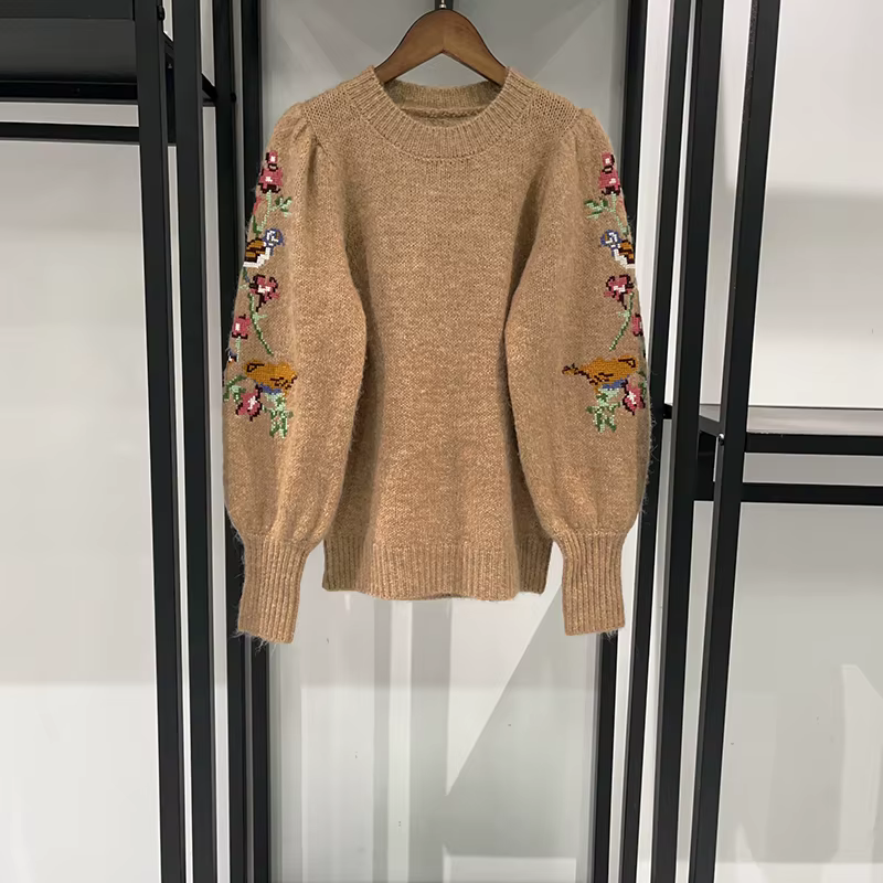 Femmes tricots pull laine Mohair mélanges fleur broderie col rond dame à manches longues hauts pullo