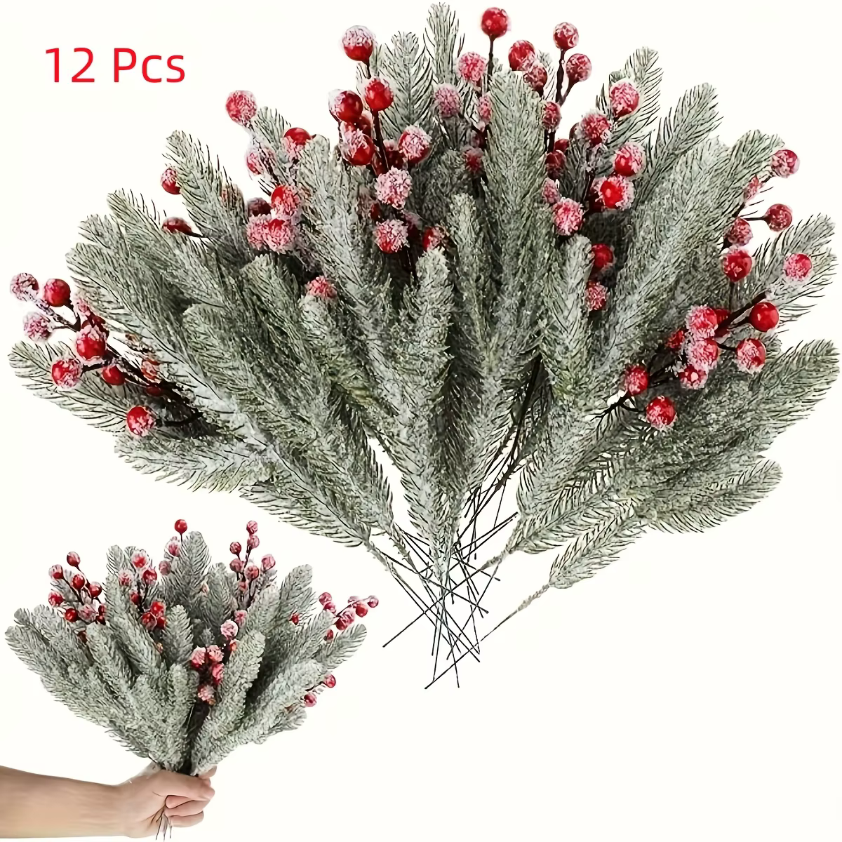 Baies artificielles et Branches de cèdre givrées blanches d'hiver, 12 pièces, pour décorations de no