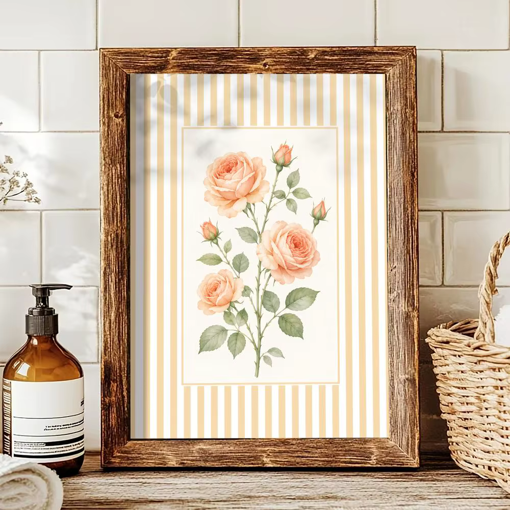 Tableau d'art mural moderne en toile avec motifs floraux rayés et calligraphie pour la décoration in