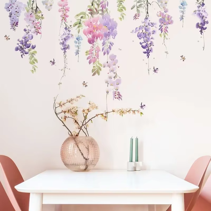Autocollants muraux floraux plantes à fleurs, décoration de chambre à coucher, papier peint adhésif 