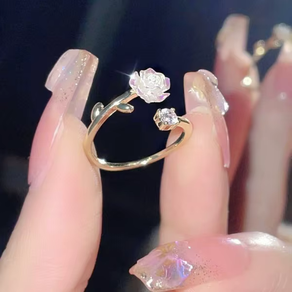 Bagues à fleurs romantiques roses pour femmes, Zircon brillant, branche de fleur de cerisier, coquil