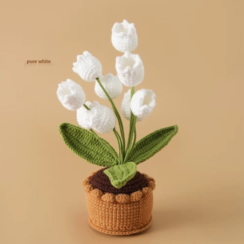 Plante en pot de lys du valle à neuf fleurs, exquise, faite à la main au crochet – Tissu en laine, c