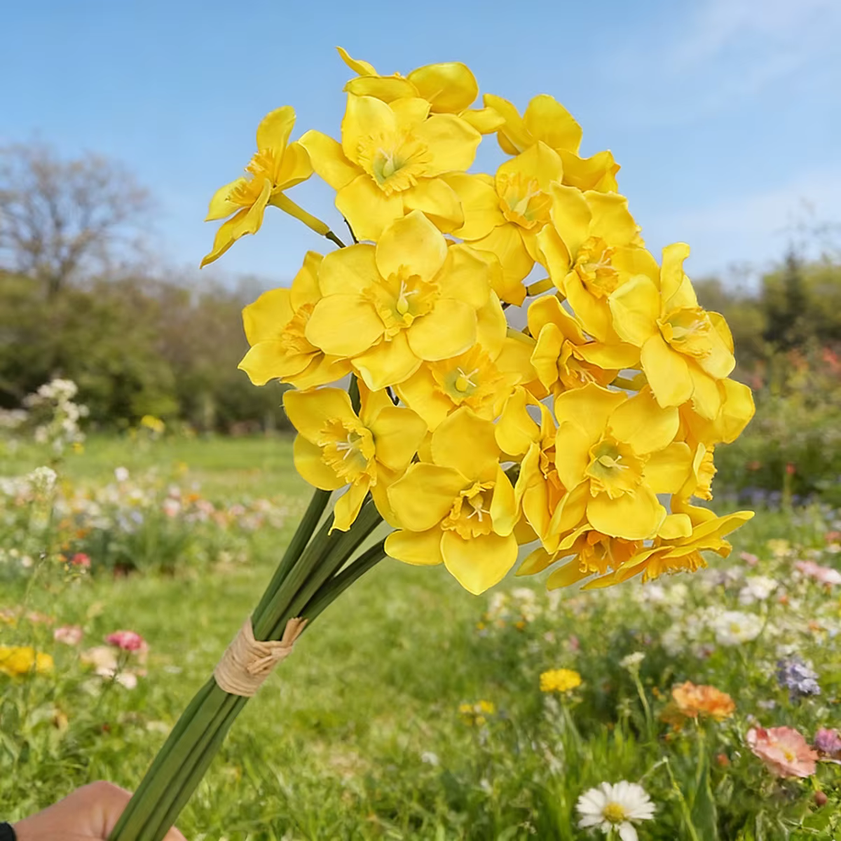 6/12 tiges de fleurs artificielles jaunes en forme de narcisse, 2 bouquets de fleurs artificielles e