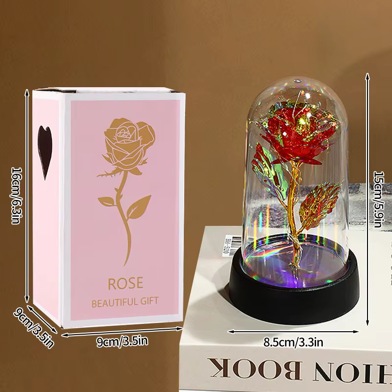 Roses éternelles artificielles en feuille métallique dans un verre, fleurs immortelles, lampe LED ro