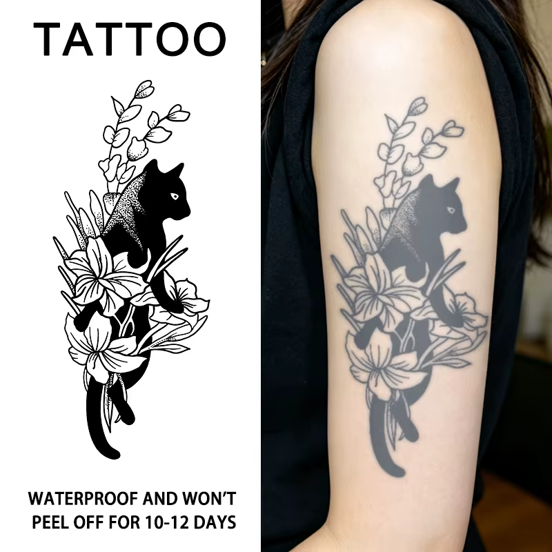 Autocollants de tatouage temporaire à base de plantes Cat and Flower, imperméables et durables penda
