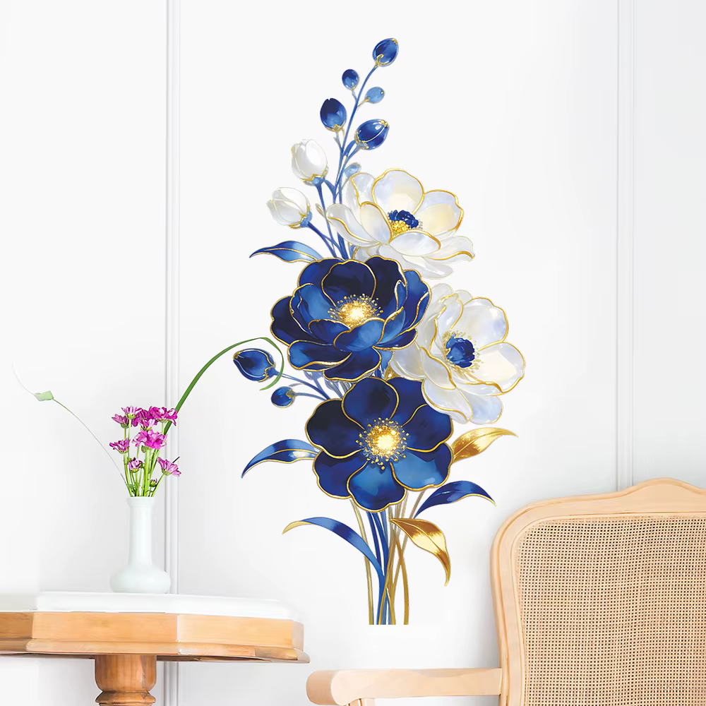 Autocollants muraux décoratifs floraux bleus en relief de style français pour la décoration de la ma