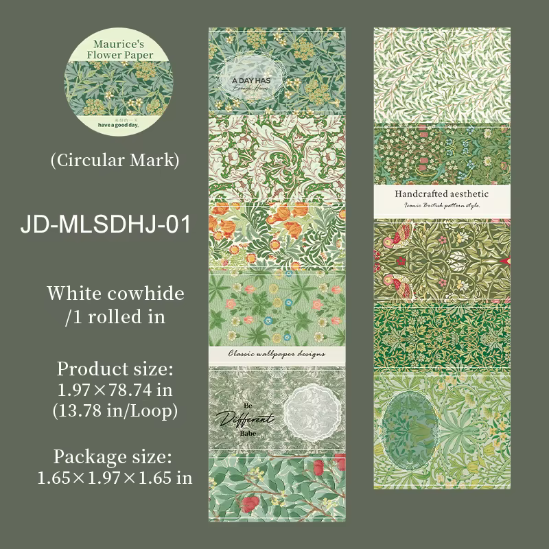 Série de papier floral Maurice : Ruban adhésif paysager à motifs végétaux vintage, matériel créatif 