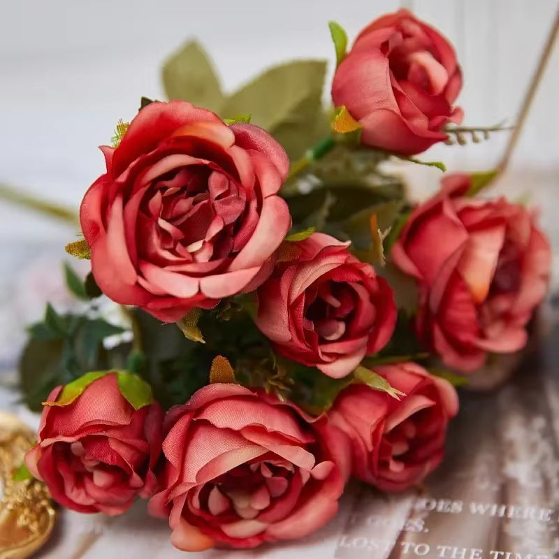 Vintage 8 têtes fleurs artificielles soies pivoine vert Rose pour décorations faux Fower mariage bur