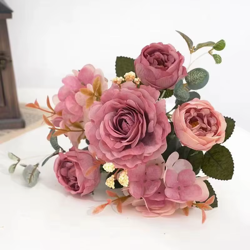 Bouquet de roses artificielles rétro en soie, hortensia, pivoine, Vintage, pour mariée, fausses plan