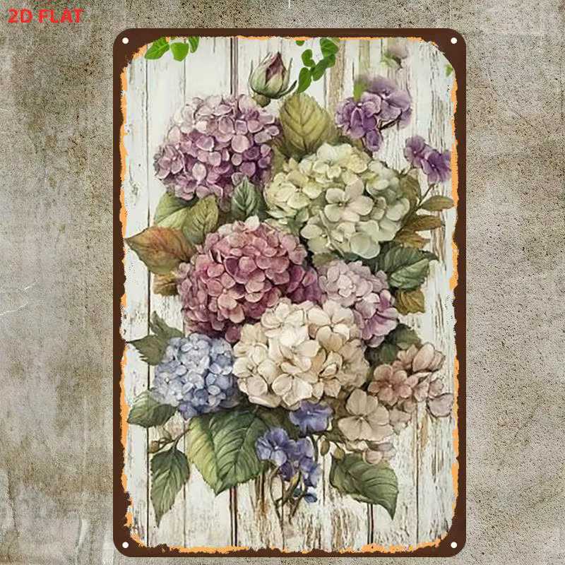 Panneau métallique floral vintage à l'hydrangea, art floral aquarelle imprimé à plat, décoration mur