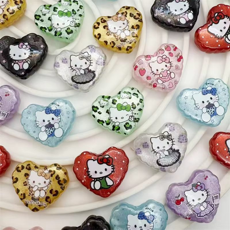 Impressions acryliques Hello Kitty, forme de cœur d'amour, chat KT de dessin animé mignon, perles à 