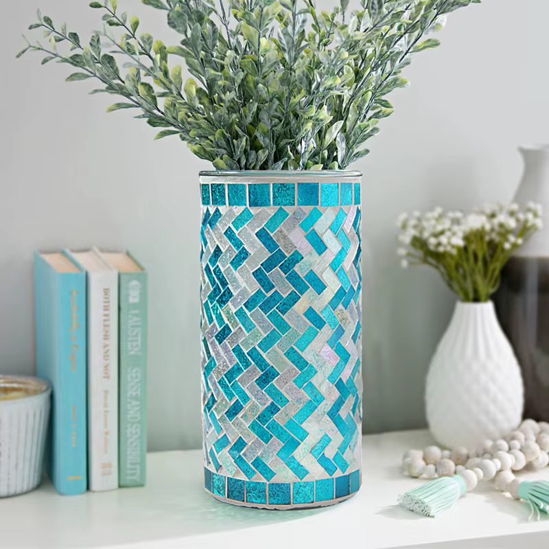 Vase en verre mosaïque droit fait à la main, style méditerranéen bleu coloré, décoration de chambre 