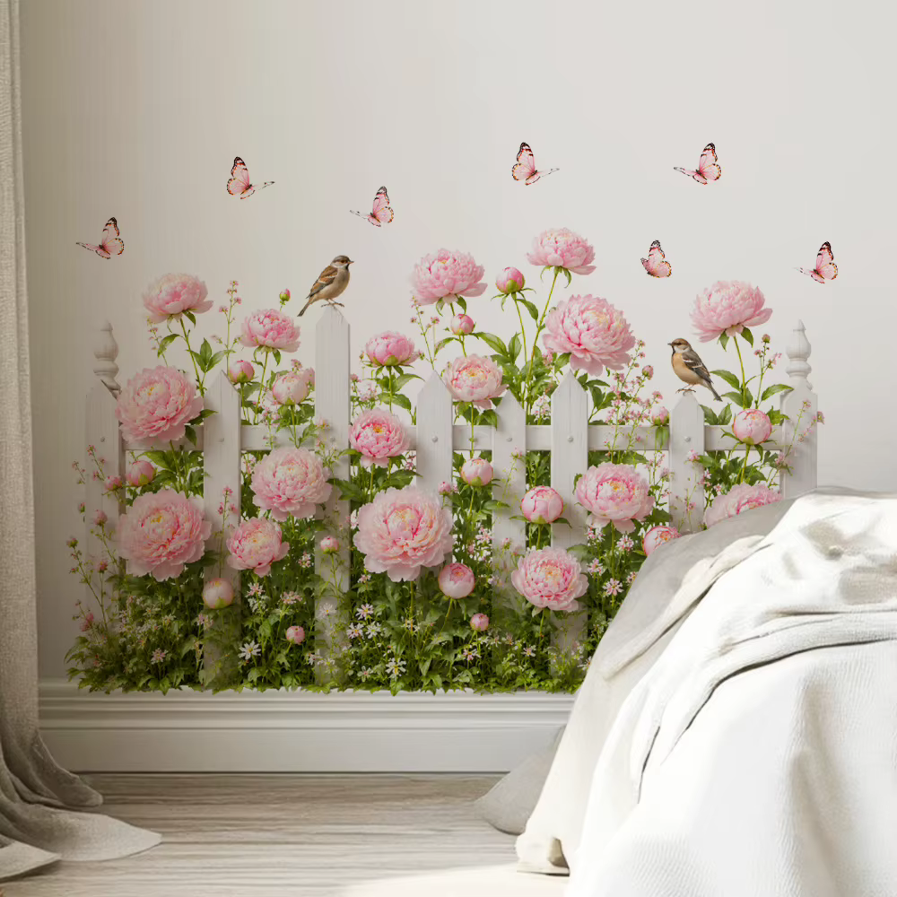 Papier peint mural floral 3D pivoine rose, papier peint vintage clôture en bois blanc, décoration mu