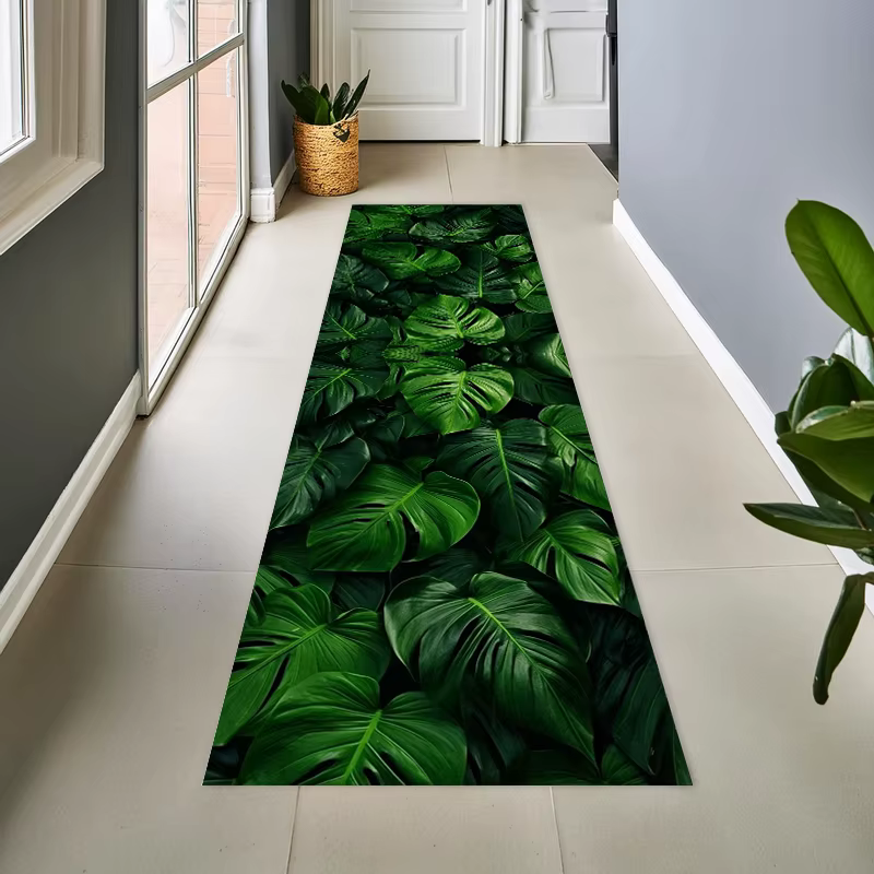 Tapis demi-rond à feuilles de plantes tropicales vertes Monstera, décoration de la maison, cuisine,