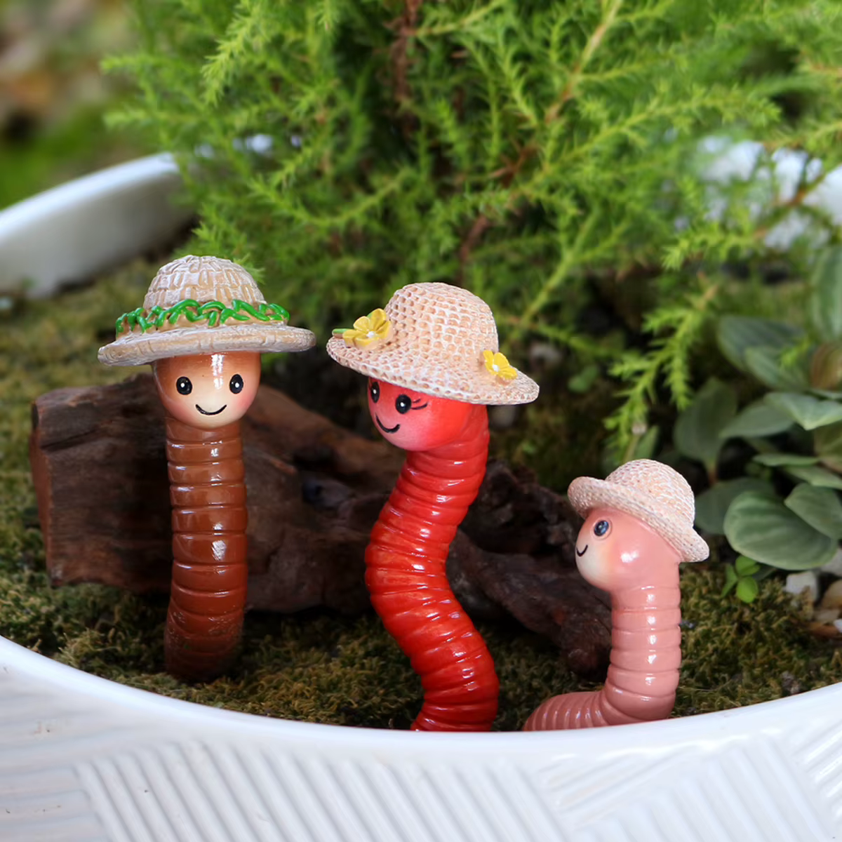 Décorations de pot de fleurs en forme de ver de terre portant un chapeau, 3 pièces, Cadeaux de démén