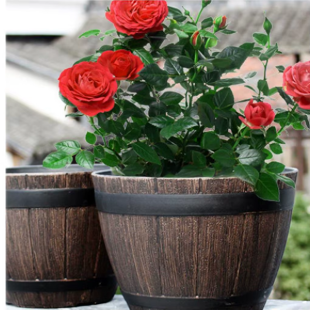 Simulation de barils de bois, Pot de fleur en résine de 9 pouces, jardinière en forme de seau de Sty
