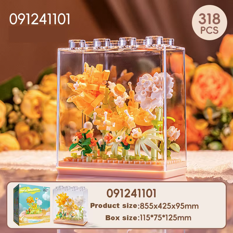 Blocs de construction de fleurs éternelles avec couvercle transparent, modèle de bouquet de plantes 
