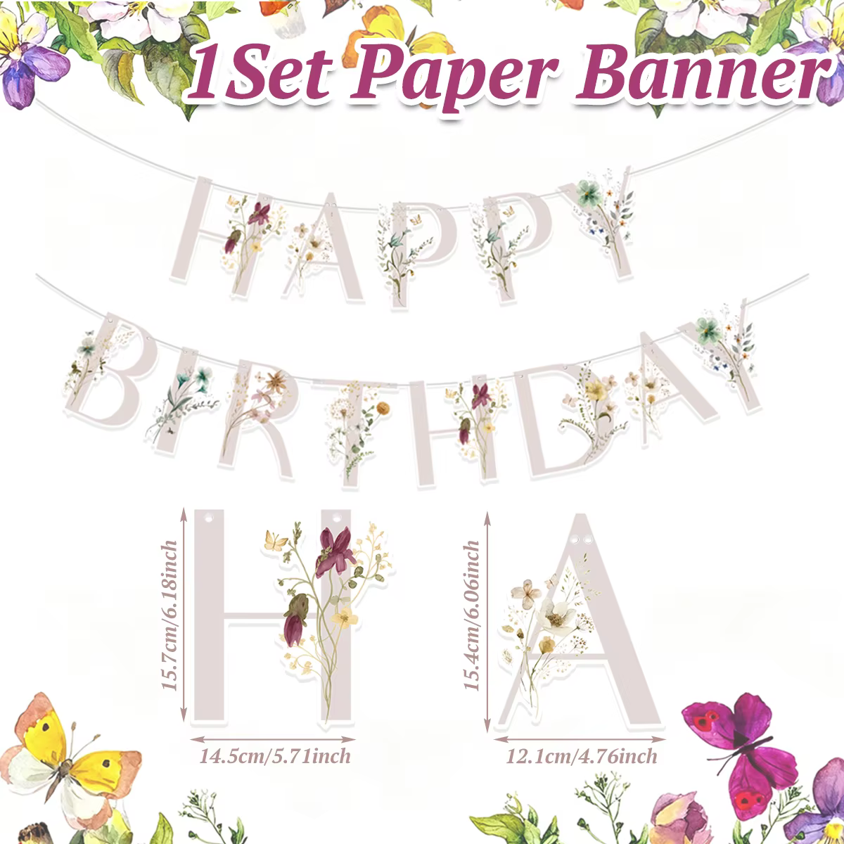 Bannière en papier motif fleurs sauvages, décoration de fête d'anniversaire, cadeaux pour enfants, b