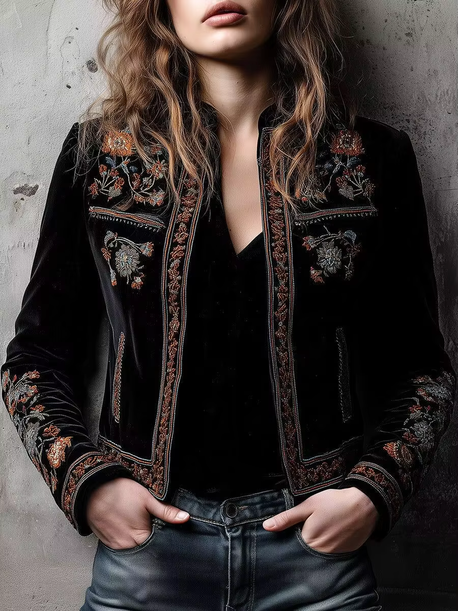 Veste à col montant imprimé Floral pour femmes, Cardigans rétro américains, vêtements d'extérieur co